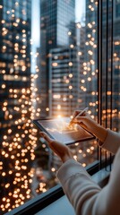 Poster - A businessman is actively drawing a glowing growth arrow on a virtual screen with a tablet, emphasizing financial success and planning