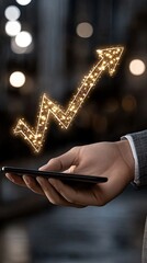 Poster - A businessman is actively drawing a glowing growth arrow on a virtual screen with a tablet, emphasizing financial success and planning
