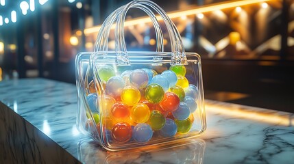 A transparent handbag filled with colorful glass marbles displayed under soft glowing lights on a marble counter