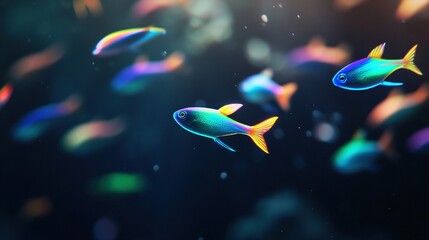Wall Mural -   A colorful school of fish float atop water in front of an assembly of other fish