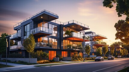 Modern apartment building with a street in front and trees on either side at sunset.