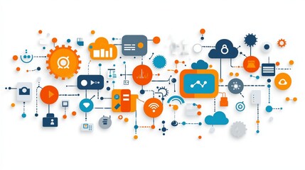 Poster - Abstract technology infographic with colorful icons and network connections, illustrating data flow and cloud-based communication, Generartive AI