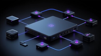 Fototapete - Network device connecting multiple smaller units, symbolizing digital connectivity, data flow, and the infrastructure of modern technology, Generaitve AI