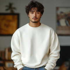 Wall Mural - sand sweatshirt mockup, hoodie mock, asian men model