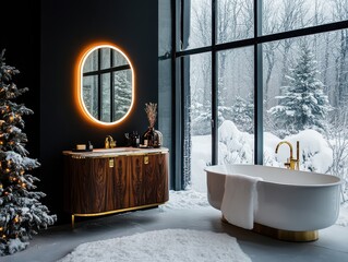 Wall Mural - A bathroom with a large mirror and a bathtub. The mirror is lit up and the bathtub is white