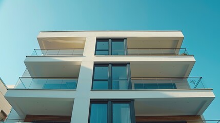 Modern apartment building with glass balconies against a clear blue sky.