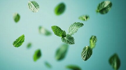 Fresh Mint Leaves Floating on a Turquoise Background