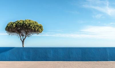 A serene coastal view featuring a solitary tree next to a blue wall and an ocean under a bright sky