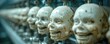 © Dalibor - A line of identical human-like faces being produced on a factory conveyor belt. Free copy space for text.