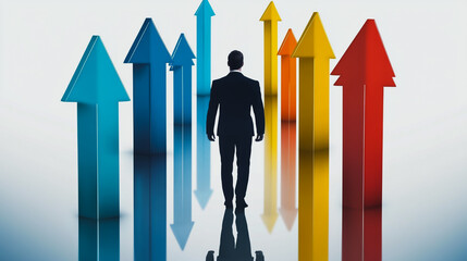 abstract business man stands on the peak of success amid tall, innovative Arrows point the way to success. and graphs with statistics to analyze business potential and predict future developments in