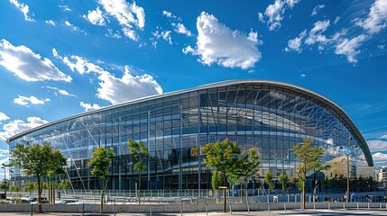 Modern glass building with curved facade against a blue sky with clouds.