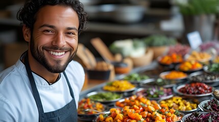 Chef smiling at a vibrant market stall filled with fresh fruits and vegetables in daytime