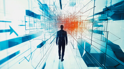 abstract business man stands on the peak of success amid tall, innovative Arrows point the way to success. and graphs with statistics to analyze business potential and predict future developments in