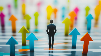 abstract business man stands on the peak of success amid tall, innovative Arrows point the way to success. and graphs with statistics to analyze business potential and predict future developments in