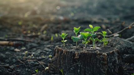 A young tree grows from an old tree stump, symbolizing renewal and growth.