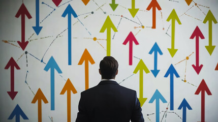 abstract business man stands on the peak of success amid tall, innovative Arrows point the way to success. and graphs with statistics to analyze business potential and predict future developments in