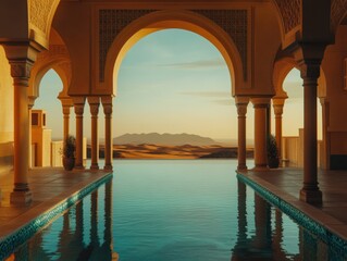 A pool with a view of mountains in the background. The pool is surrounded by pillars. The water is clear and calm