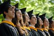 © KirKam - Graduates in graduation gowns and caps celebrating with diplomas in hand. Gleeful expressions and academic regalia under clear blue skies.