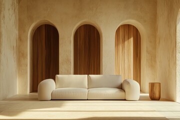 A white couch is in the middle of a room with three arched doors. A wooden table is in front of the couch