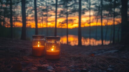 Poster - Two lit candles in glass jars sit on the forest floor, casting a warm glow as the sun sets over the tranquil waters, surrounded by tall trees and a colorful sky.