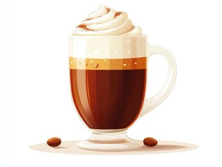 A glass of coffee with whipped cream and two coffee beans on a white background.