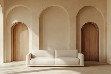 A white couch is sitting in front of two arched doors. The couch is in a room with a tan wall