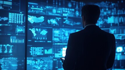 Poster - Businessman Analyzing Data on Digital Displays