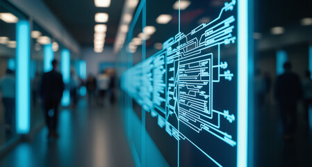 Poster - Long corridor in a building, dimly lit with blue lights, creating a futuristic atmosphere. screens displaying technical designs or blueprints. high-tech environment