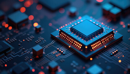 Poster - advanced processor on circuit board: a close-up of an advanced processor on a circuit board, surroun