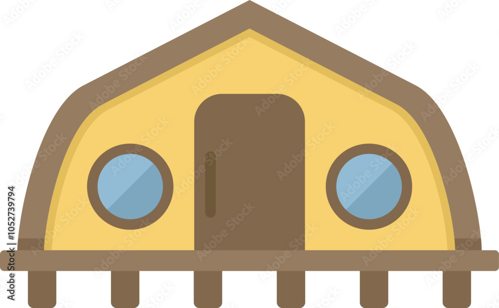 Simple flat vector icon of a small modern bungalow house on stilts with ...