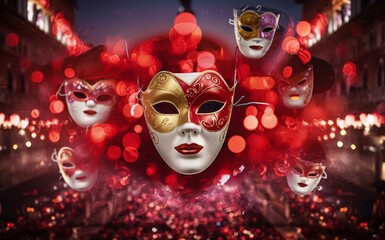 Colorful Venetian carnival masks against a blurred background of a night cityscape and a crowd of people.