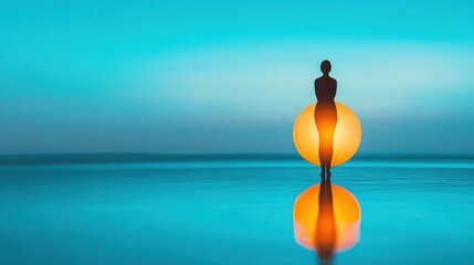 Poster - Silhouette of a person standing against a glowing orb on a tranquil water surface, AI