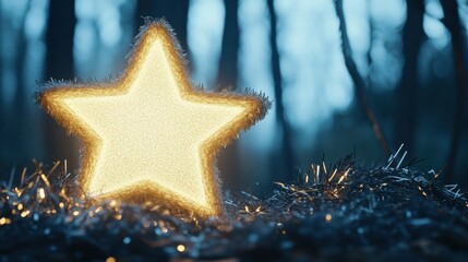 Glowing star decoration illuminates a dark forest setting with festive charm, AI