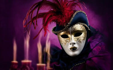 A Venetian masquerade mask with ornate details and red feathers, set against a backdrop of glowing candles.