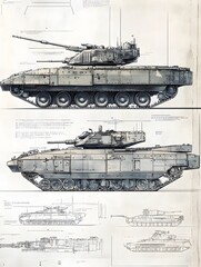 The design blueprint of the tank shows its complex structure as a heavy combat vehicle, including the body layout, firepower system, armor protection, power and suspension systems.