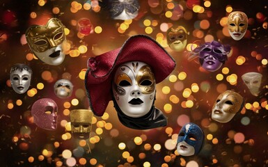 Colorful carnival masks with golden bokeh background.