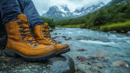 Aufkleber - A pair of sturdy hiking boots sits atop a rock near a rushing mountain river. Lush greenery and imposing peaks surround the area, creating a breathtaking view in the overcast weather.
