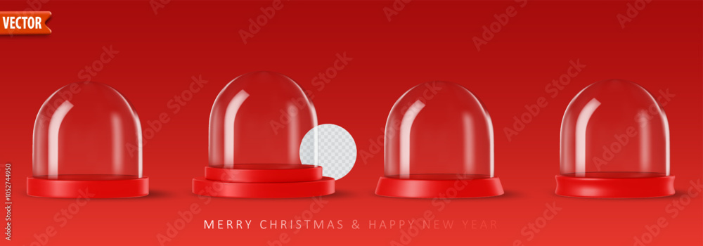Collection of empty 3d glass snow globes isolated on red background ...