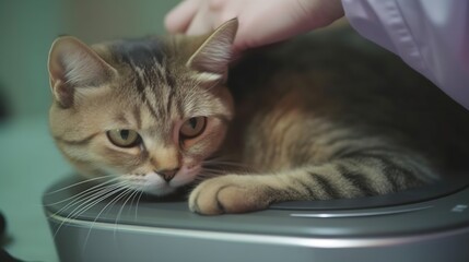 Poster - A tabby cat lying on a grey surface with a hand petting it.