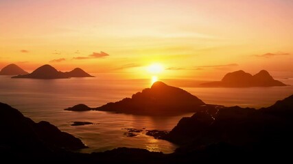Aufkleber - Series of six images showing the sun rising over a group of tropical islands. The warm colors of the sunrise are reflected in the water, creating a beautiful and surreal effect