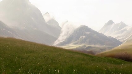 Poster - Surreal clouds drift over majestic mountain peaks, creating a dreamy and ethereal atmosphere. The scene evokes a sense of tranquility and awe, showcasing nature's breathtaking beauty