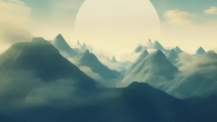 Poster - Mountains are slowly taking shape under a giant glowing orb in this surreal landscape. Clouds dance around the peaks, creating an ethereal and otherworldly atmosphere