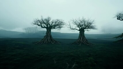 Poster - Surreal view of a desolate landscape with two bare trees standing on dark green ground. The camera is panning slowly to the right, revealing more of the misty and mysterious scenery