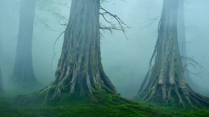 Poster - Eerie fog envelops two gnarled trees with large roots in a lush, mossy forest. The atmosphere creates a surreal and mystical scene, enhancing the forest's mysterious beauty