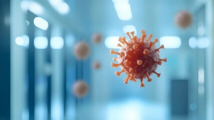 Poster - Monkeypox virus particles are floating in a hospital corridor, representing the spread of infectious diseases and the challenges of infection control