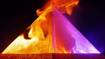 Poster - Surreal flames in vibrant orange and purple engulf a transparent pyramid against a stark black background, creating a striking visual of transformation and mystical energy