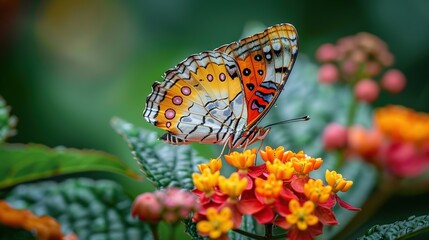 Wall Mural - A vibrant butterfly with orange, red, white, and black wings is perched on a cluster of yellow and orange flowers.