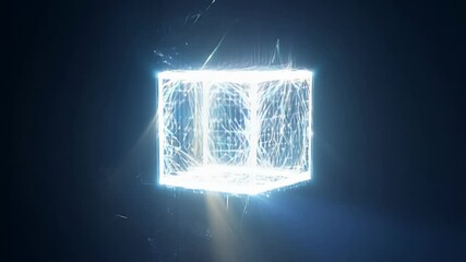 Leinwandbilder - Futuristic luminous cube rotates, emitting light particles against a dark background. This captivating scene combines technology and abstract design, creating a mesmerizing visual experience