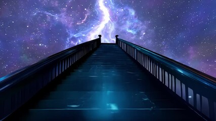 Poster - Capturing a mystical journey up a staircase, leading towards a vibrant, otherworldly galaxy. Light and color blend to create a surreal, dreamlike atmosphere