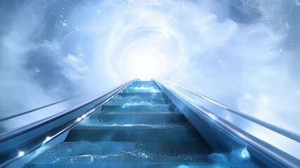 Poster - Escalator ascends toward a bright portal resembling heaven's pearly gates, surrounded by fluffy white clouds, evoking feelings of spirituality and ethereal beauty